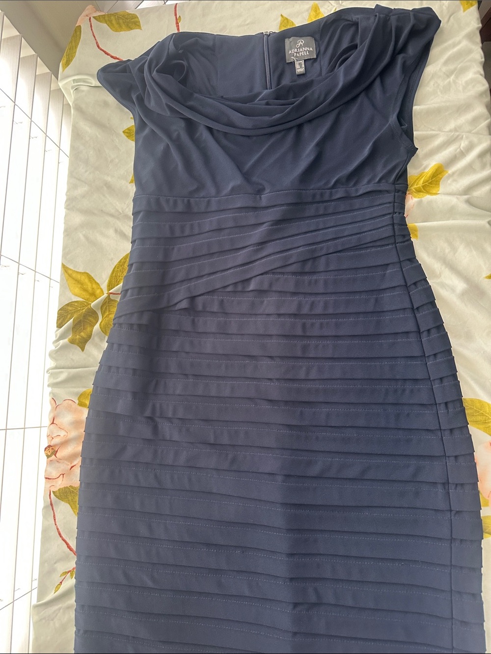 Adrianna Papell Navy Draped Cowl Pleated Sheath Midi Dress